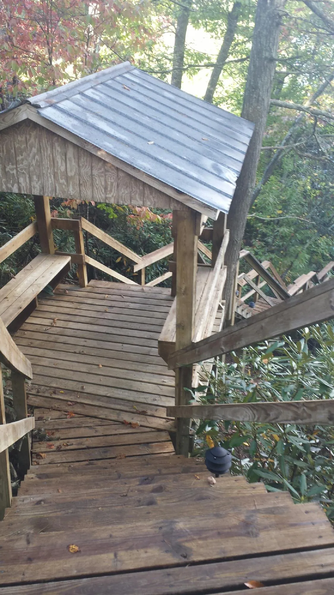 Metal roofed shelter over wooden steps on a wooded walkway — Skylight Repair & Installation work by our crew in Zanesfield
